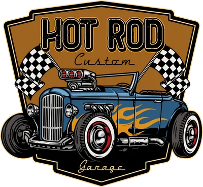 Hình minh họa xe hot rod cổ điển màu xanh dương với họa tiết lửa, hai lá cờ đua caro đen trắng và chữ 'HOT ROD Custom Garage'.