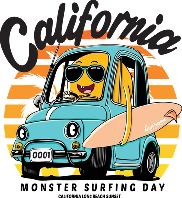 Hình minh họa quái vật vàng đeo kính râm lái xe hơi màu xanh mang ván lướt sóng phong cách California