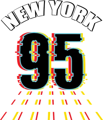 Hình in chữ New York màu trắng cong và số 95 lớn màu đen với hiệu ứng glitch đỏ, vàng, xanh dương, trên nền đường kẻ sọc.