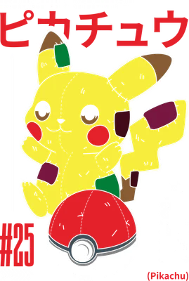Hình ảnh Pikachu nhồi bông màu vàng với các mảng vá màu xanh lá, đỏ tía, nâu, bên cạnh là quả bóng poké màu đỏ trắng.