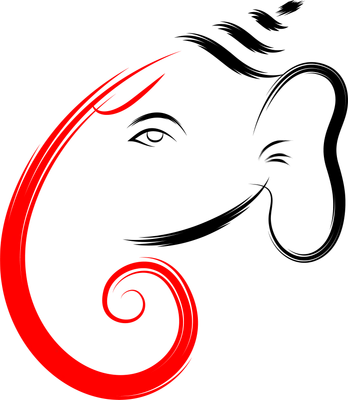 Hình ảnh tượng thần Ganesha với nét cọ vẽ cách điệu màu đỏ và đen trên nền xám.