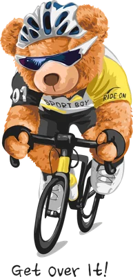 Hình ảnh chú gấu Teddy đội mũ bảo hiểm, đeo kính râm, mặc áo đạp xe màu vàng đen đang đạp xe đạp thể thao trên nền xám. Có chữ 'Get Over It!' ở dưới.