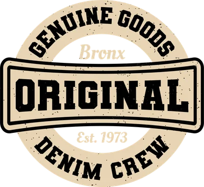 Logo tròn phong cách vintage với chữ ORIGINAL, Genuine Goods, Bronx, Denim Crew và Est. 1973 màu đen trên nền kem.