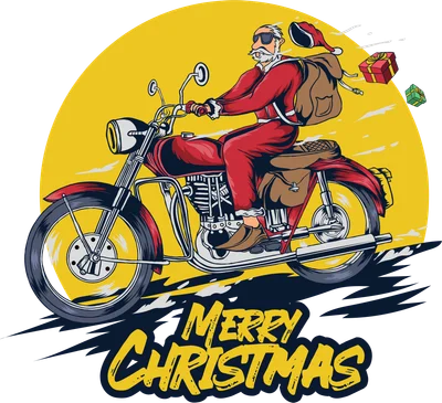 Ông già Noel đeo kính râm lái xe mô tô chở quà giáng sinh phong cách hoạt hình