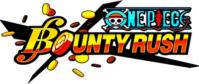 Logo game One Piece Bounty Rush với hiệu ứng đồng xu vàng bay lượn, phong cách anime.