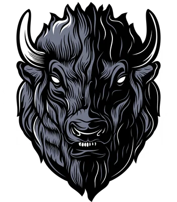 Hình minh họa đầu trâu rừng bison với sừng nhọn, lông xù, biểu cảm dữ tợn, trên nền hình học màu xám.