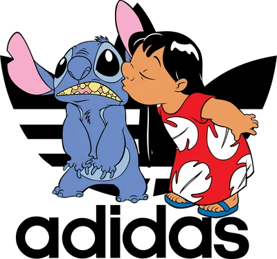 Hình ảnh Lilo đang hôn Stitch với biểu cảm ngạc nhiên, trên nền logo Adidas.