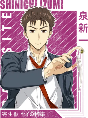 Hình vẽ Shinichi Izumi từ Parasite The Maxim, mặc vest, biểu cảm ngầu, tay có ký sinh trùng