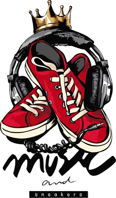 Hình minh họa giày sneaker đỏ, tai nghe đen và vương miện vàng, với chữ 'music and sneakers' trên nền xám.