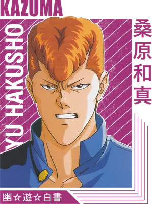 Hình ảnh nhân vật anime Kazuma từ Yu Hakusho với mái tóc cam, biểu cảm quyết tâm, mặc áo xanh.