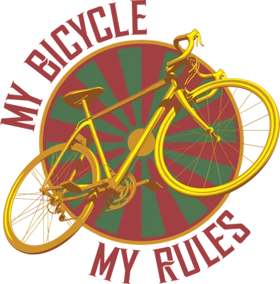 Hình minh họa xe đạp cổ điển màu vàng với dòng chữ "MY BICYCLE MY RULES" bao quanh