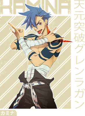 Hình vẽ nhân vật anime Kamina với mái tóc xanh, hình xăm trên cánh tay và biểu cảm mạnh mẽ.