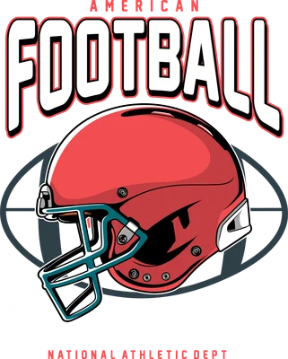Hình minh họa mũ bảo hiểm American Football màu đỏ và xanh, với chữ 'AMERICAN FOOTBALL HALL OF FAME' trên nền xám.