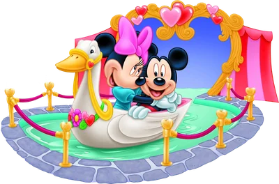 Mickey và Minnie Mouse ôm nhau trên thuyền thiên nga màu trắng, xung quanh là hồ nước xanh và cổng trái tim vàng đỏ.