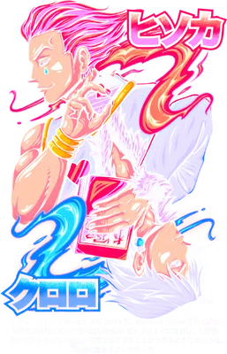 Hình ảnh minh họa hai nhân vật Hisoka và Chrollo từ anime Hunter x Hunter, với phong cách vẽ anime độc đáo.