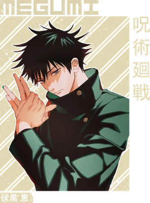 Hình ảnh Megumi Fushiguro từ anime Jujutsu Kaisen với mái tóc đen nhọn, mắt xanh, đang tạo dáng tay hình súng.