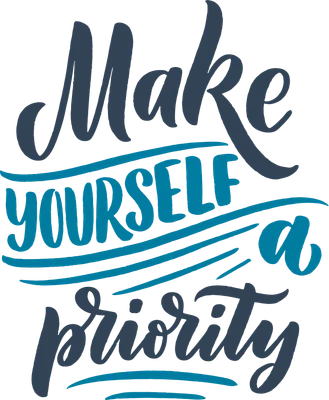 Hình ảnh chữ "Make yourself a priority" với font chữ nghệ thuật màu xanh dương và xanh than trên nền xám.