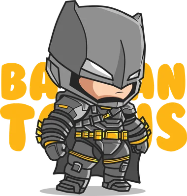 Hình ảnh Batman phiên bản chibi dễ thương, mặc bộ giáp xám đen với các chi tiết vàng nổi bật, phong cách hoạt hình.