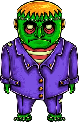 Hình minh họa quái vật Frankenstein màu xanh lá cây, mặc áo vest tím, tóc vàng, phong cách hoạt hình.