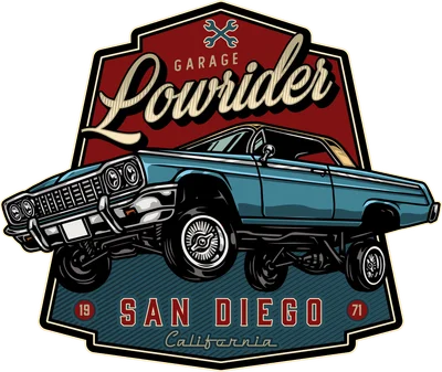 Hình minh họa xe lowrider cổ điển màu xanh ngọc với chữ Garage Lowrider và San Diego California trên nền đỏ và xanh.