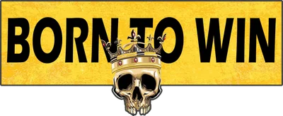 Hình ảnh đầu lâu đội vương miện vàng, có chữ "BORN TO WIN" trên nền vàng.