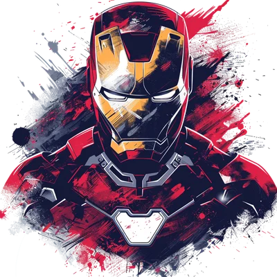 Hình ảnh Iron Man với giáp đỏ vàng, hiệu ứng splash art năng động trên nền xám.