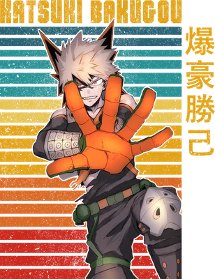 Hình ảnh Katsuki Bakugo, nhân vật anime, giơ tay về phía trước, với nền sọc ngang màu vàng, xanh dương và đỏ.