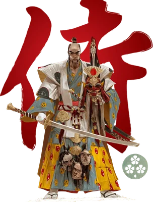 Hình ảnh chiến binh Samurai oai phong với kiếm, trang phục truyền thống Nhật Bản và biểu tượng văn hóa.