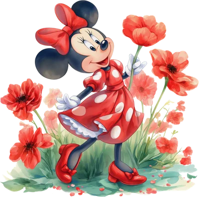 Minnie Mouse hoạt hình mặc váy chấm bi đỏ, cầm hoa poppy, dạo bước giữa vườn hoa màu nước tươi sáng.