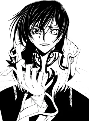 Hình vẽ nhân vật Lelouch Lamperouge trong Code Geass, tóc đen, mắt trái có hình xăm, tay che mặt, phong cách anime.