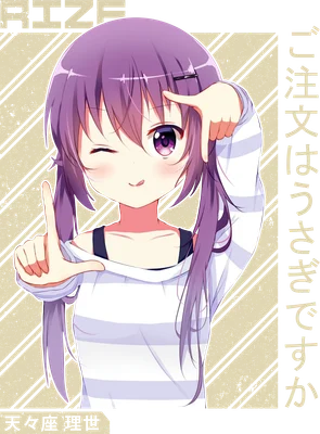 Hình ảnh cô gái anime tóc tím buộc hai bím, mặc áo sọc ngang, nháy mắt và giơ tay tạo dáng dễ thương.