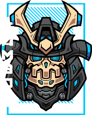 Hình minh họa mặt nạ robot samurai màu xám, đen, nâu với chi tiết xanh neon, có chữ SAMBOT và 002.