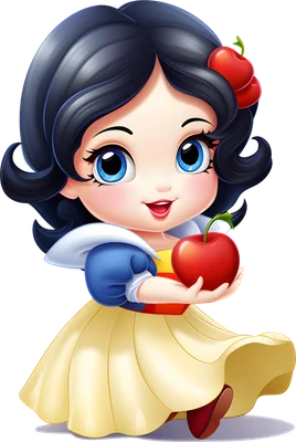 Hình ảnh Bạch Tuyết chibi dễ thương với mái tóc đen, váy xanh vàng và áo choàng trắng, đang cầm một quả táo đỏ tươi.