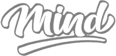 Chữ 'Mind' viết tay theo phong cách script, viền trắng nổi bật trên nền xám.