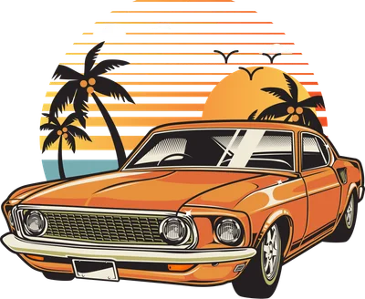 Hình ảnh minh họa xe hơi cổ điển màu cam với cây dừa và hoàng hôn trên biển, phong cách retro.