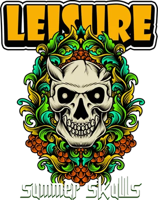Hình in đầu lâu với họa tiết hoa văn Baroque màu sắc rực rỡ, có chữ 'LEISURE SUMMER SKULLS'