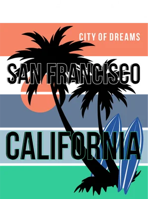 Hình ảnh phong cách retro với cây cọ, ván lướt sóng và dòng chữ California, San Francisco, Long Beach, City of Dreams.