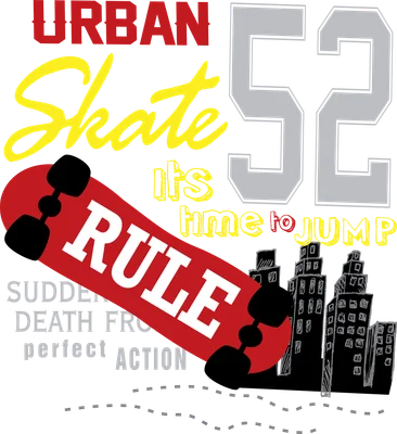 Hình in graphic với ván trượt màu đỏ, chữ 'URBAN Skate RULE' và '52', cùng hình ảnh tòa nhà thành phố trên nền xám.