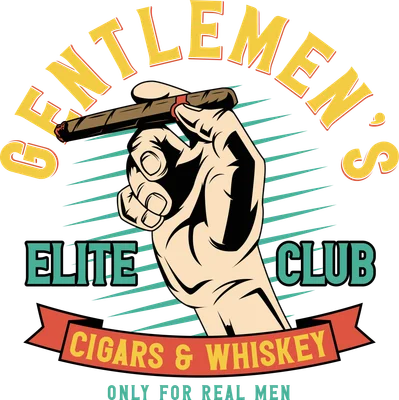 Hình minh họa logo Gentlemen's Elite Club với bàn tay cầm điếu xì gà, chữ 'Cigars & Whiskey' và 'Only For Real Men' phong cách vintage.