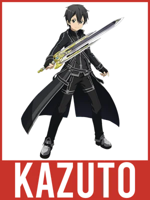 Nhân vật Kirito từ Sword Art Online cầm kiếm, mặc trang phục đen, trên nền xám và đỏ.