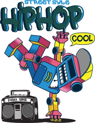 Hình ảnh robot màu sắc sặc sỡ đang breakdance bên cạnh dàn âm thanh cổ điển, chữ HIP HOP và COOL nổi bật.