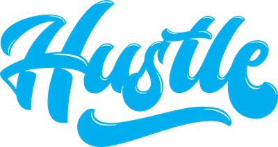 Chữ "Hustle" viết tay theo phong cách graffiti, màu xanh neon nổi bật trên nền xám.