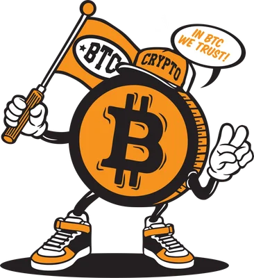 Hình ảnh hoạt hình Bitcoin vui vẻ cầm cờ có chữ BTC, đội mũ có chữ CRYPTO và nói "IN BTC WE TRUST!"