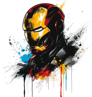 Hình minh họa đầu Iron Man với giáp đỏ vàng đen, hiệu ứng màu nước bắn tung tóe màu sắc trên nền xám.