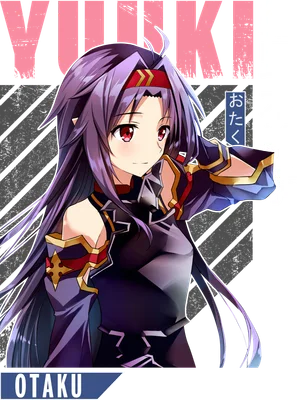 Hình ảnh cô gái anime tóc tím dài, mắt đỏ, mặc trang phục chiến binh, có chữ YUKIKI và OTKAU.