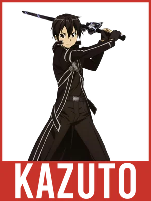 Nhân vật Kirito từ Sword Art Online, mặc trang phục đen, cầm kiếm, trên nền xám.