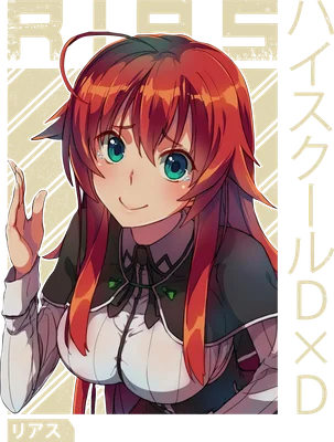 Hình ảnh Rias Gremory, nhân vật anime tóc đỏ rực rỡ, đôi mắt xanh biếc, mặc đồng phục, biểu cảm đáng yêu.