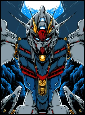 Hình ảnh robot Gundam với thiết kế chi tiết, ánh mắt xanh rực lửa, trên nền xanh đen và mây khói.