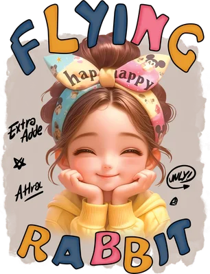 Hình ảnh cô bé hoạt hình dễ thương với nơ tai thỏ, đôi mắt nhắm nghiền và nụ cười tươi tắn, mặc áo hoodie vàng.