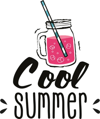 Hình vẽ ly thủy tinh đựng nước màu hồng có đá và ống hút, kèm chữ 'Cool summer'
